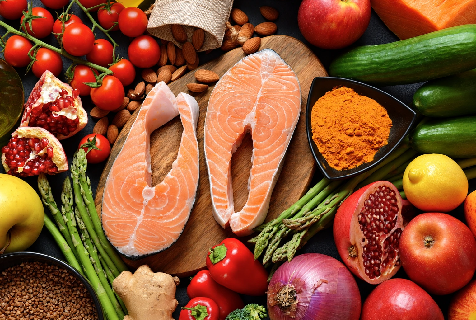 Salmón fresco, verduras, frutas y frutos secos